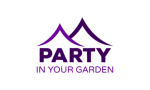 Purple Logo with two triangle that resemble a marquee roof with the words 'Party in your garden'