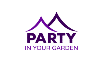 Purple Logo with two triangle that resemble a marquee roof with the words 'Party in your garden'