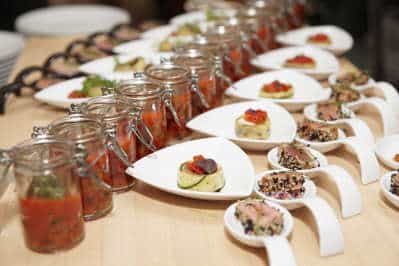 Rows of snacks on a buffet table